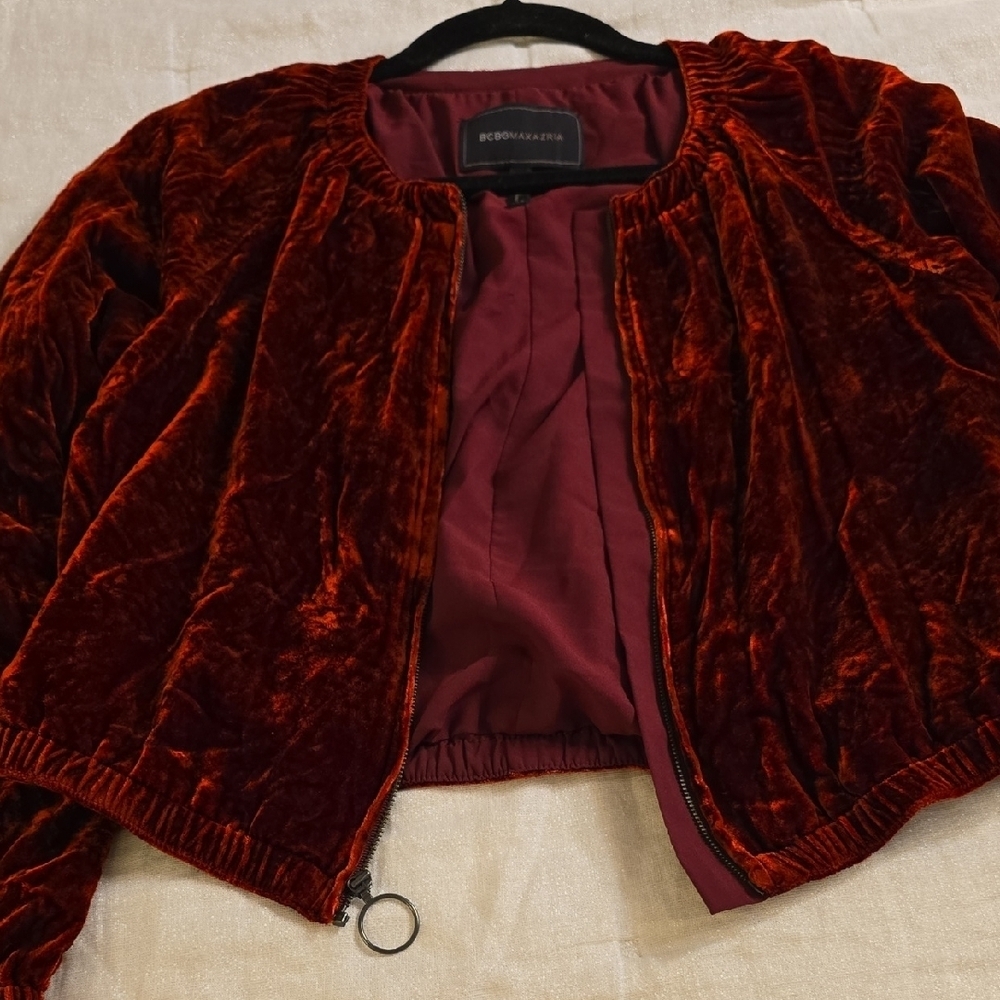 Silk BCBGMaxAzria Red Velvet Pantsuit 2 Pieces Rayon and Silk. - Picture 9 of 16